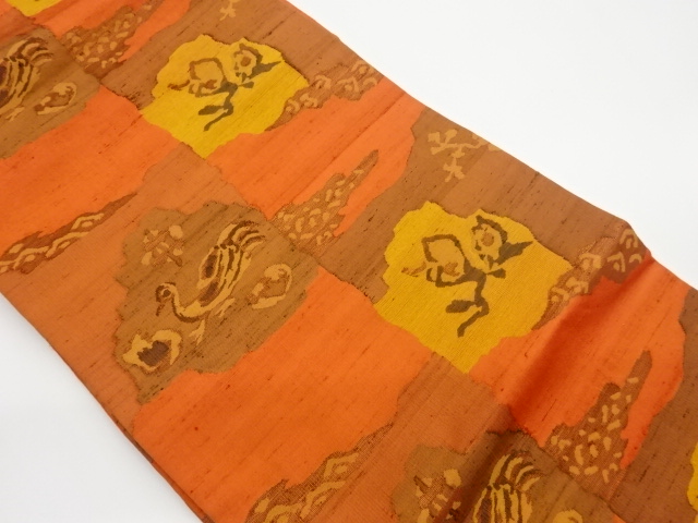 リサイクル　手織紬抽象花鳥模様織出し名古屋帯